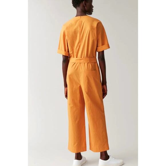 COS 4 Open V-Neck Wide Leg Jumpsuit Tie Waist 100% Cotton Short Sleeve Orange - Picture 3 of 13
